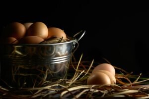 a metal bucket filled with eggs on top of dry grass